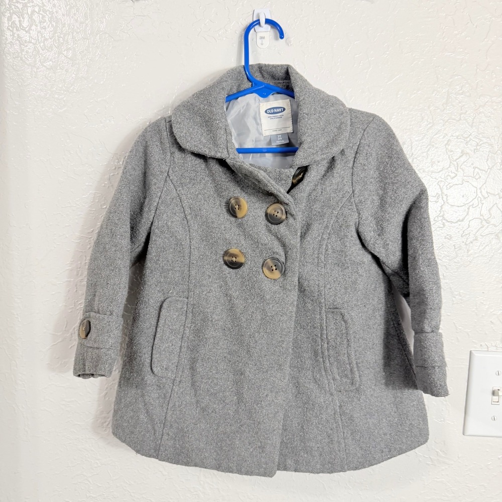 Old Navy Girls Gray Wool Blend Double Breasted Pea Coat Jacket Size 2T